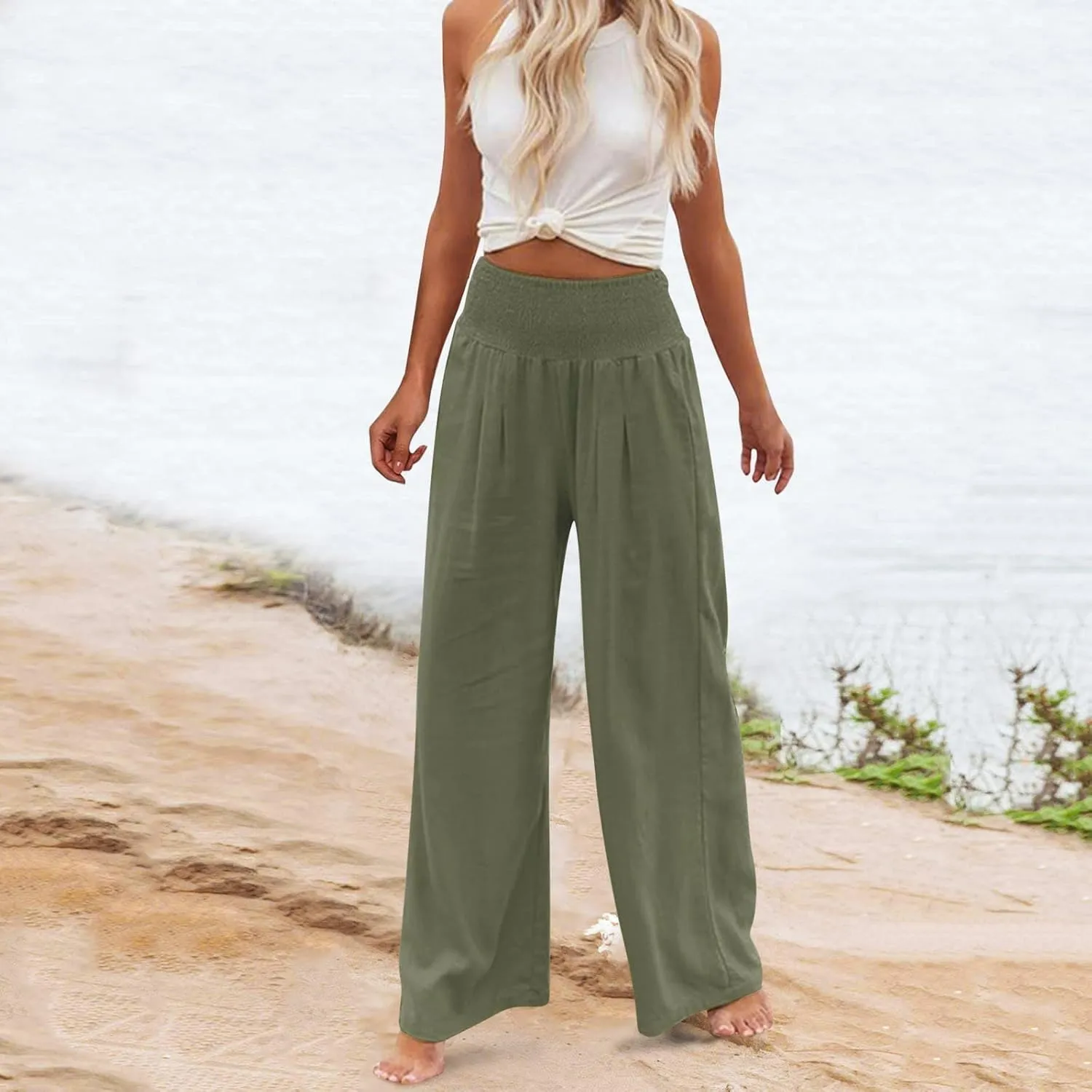 Wide Leg Pants for Women Summer Palazzos Cotton Linen Smocked Beach Vacation Pants High Waisted Elegant Flowy Trousers