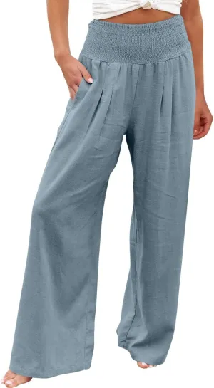 Wide Leg Pants for Women Summer Palazzos Cotton Linen Smocked Beach Vacation Pants High Waisted Elegant Flowy Trousers