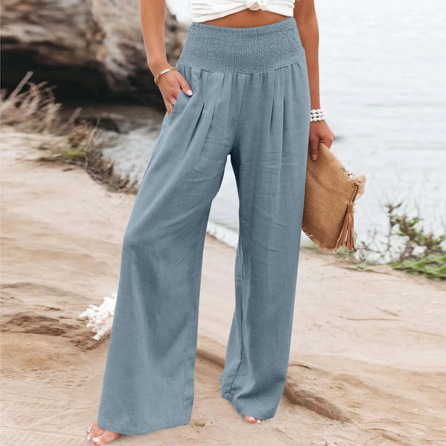 Wide Leg Pants for Women Summer Palazzos Cotton Linen Smocked Beach Vacation Pants High Waisted Elegant Flowy Trousers