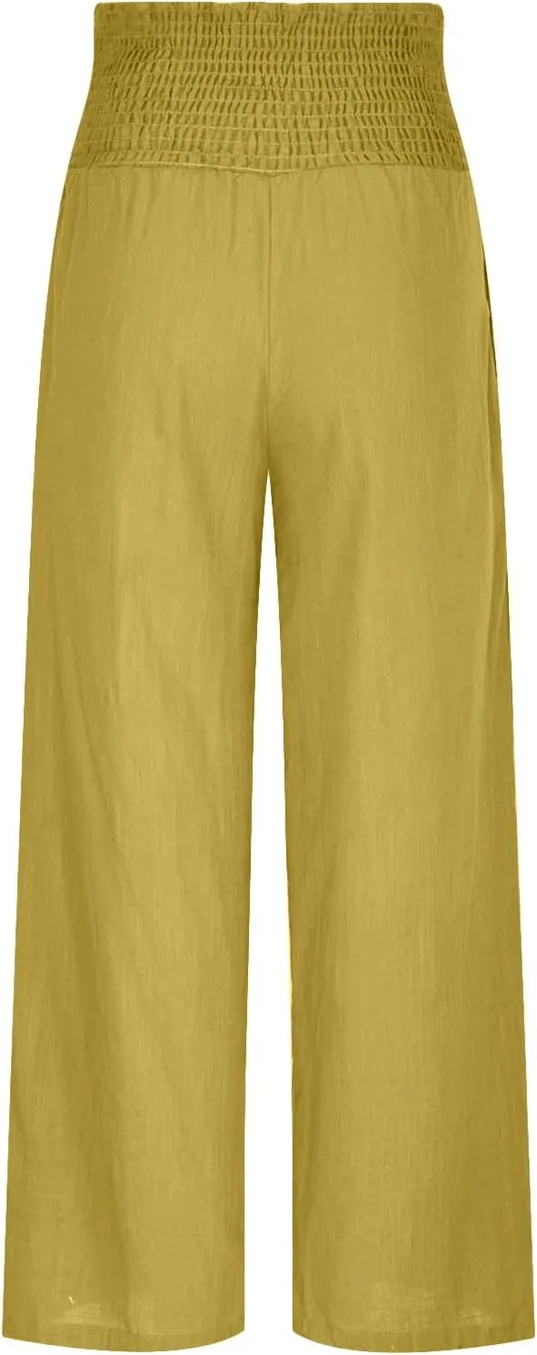 Wide Leg Pants for Women Summer Palazzos Cotton Linen Smocked Beach Vacation Pants High Waisted Elegant Flowy Trousers