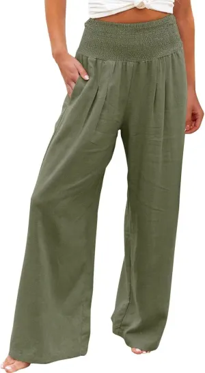 Wide Leg Pants for Women Summer Palazzos Cotton Linen Smocked Beach Vacation Pants High Waisted Elegant Flowy Trousers