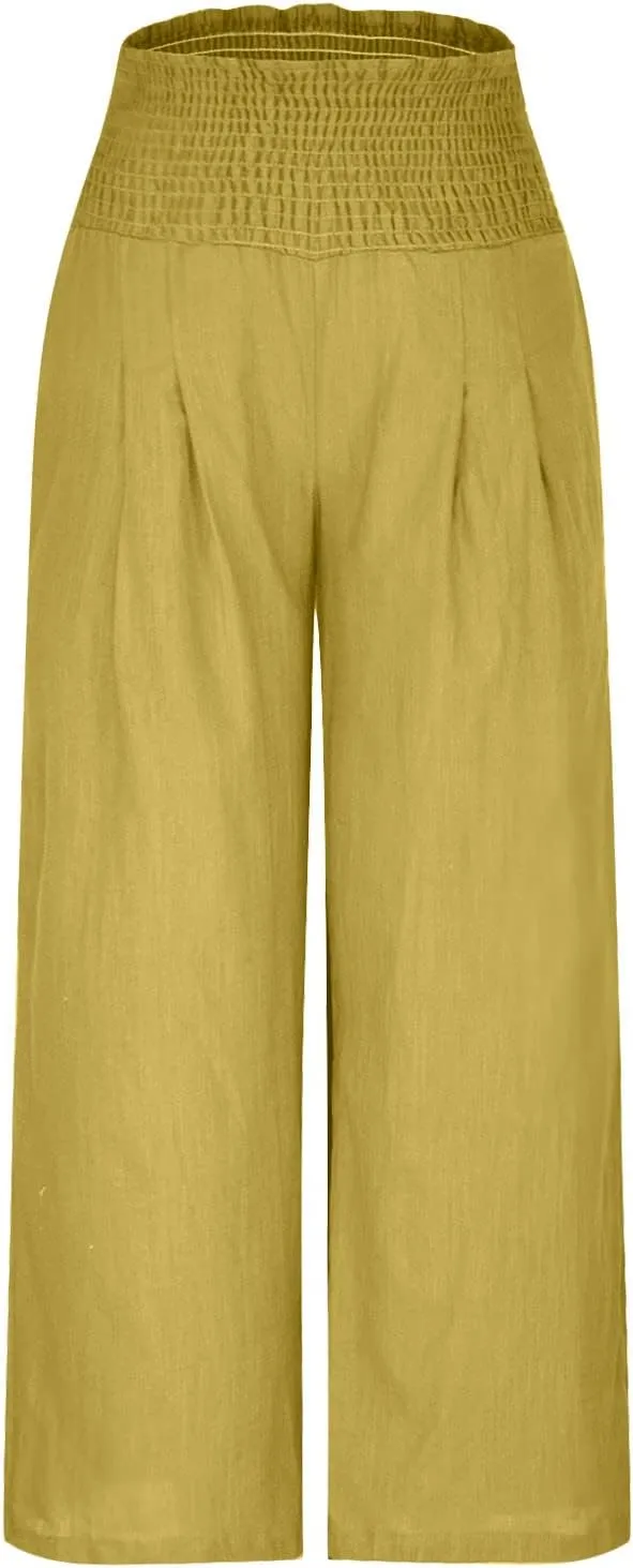 Wide Leg Pants for Women Summer Palazzos Cotton Linen Smocked Beach Vacation Pants High Waisted Elegant Flowy Trousers