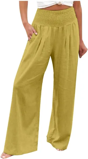 Wide Leg Pants for Women Summer Palazzos Cotton Linen Smocked Beach Vacation Pants High Waisted Elegant Flowy Trousers