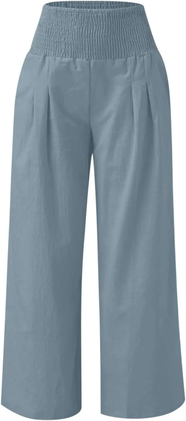 Wide Leg Pants for Women Summer Palazzos Cotton Linen Smocked Beach Vacation Pants High Waisted Elegant Flowy Trousers