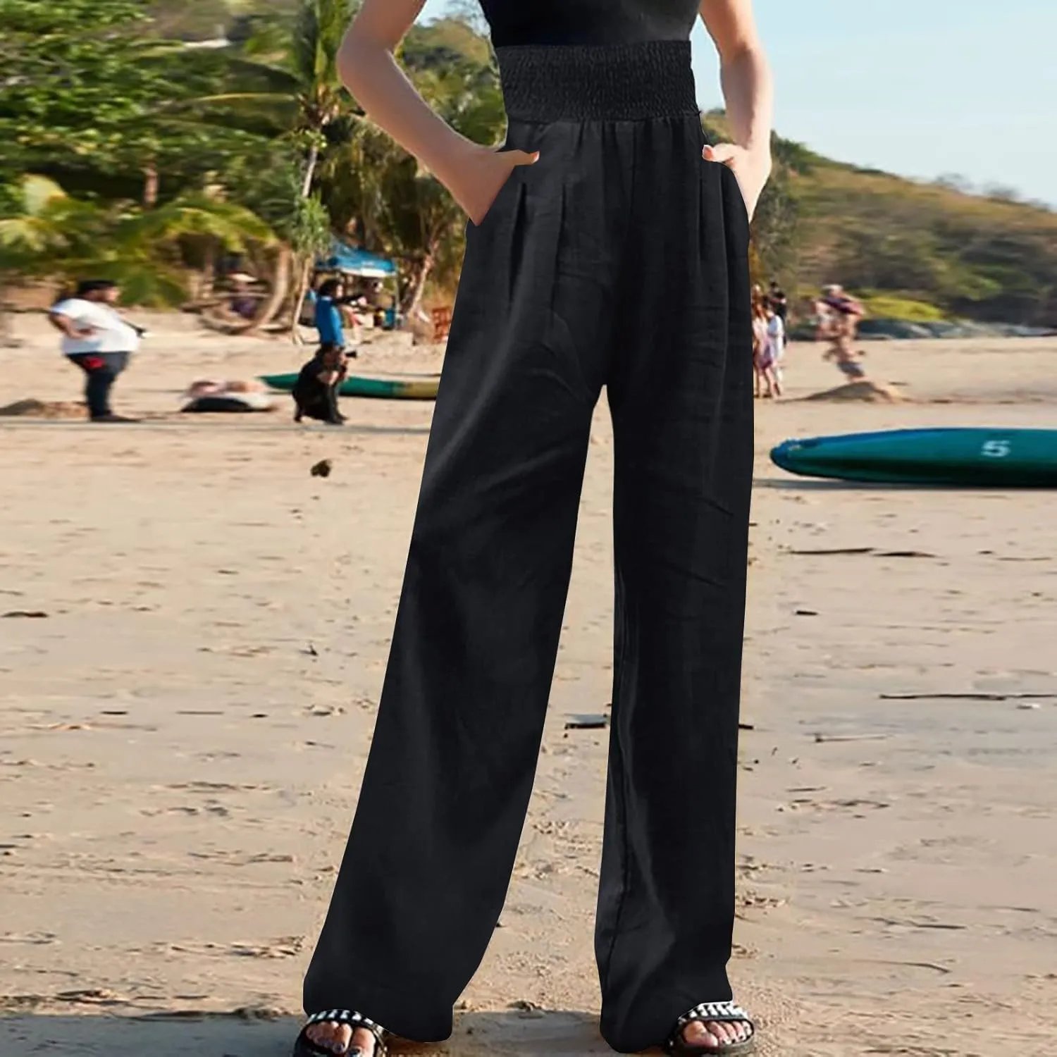 Wide Leg Pants for Women Summer Palazzos Cotton Linen Smocked Beach Vacation Pants High Waisted Elegant Flowy Trousers
