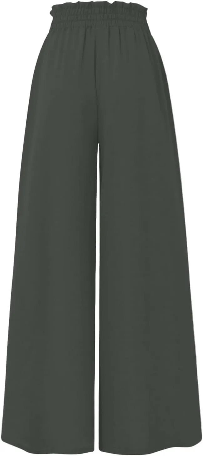 Wide Leg Pants Woman High Waisted Floral Boho Beach Casual Pants Cute Summer Flowy Palazzo Culottes with Pockets
