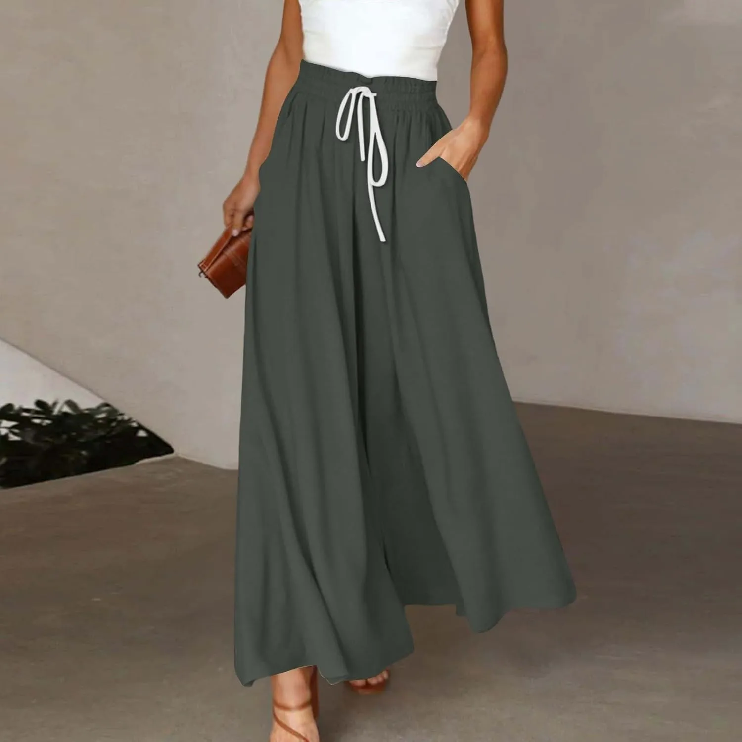 Wide Leg Pants Woman High Waisted Floral Boho Beach Casual Pants Cute Summer Flowy Palazzo Culottes with Pockets