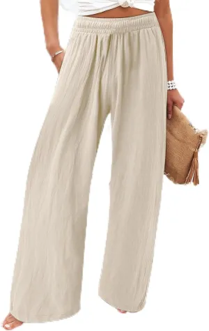 Wide Leg Pants Woman Linen High Waisted Solid Flowy Casual Baggy Drawstring Palazzo Trousers Pants with Pockets