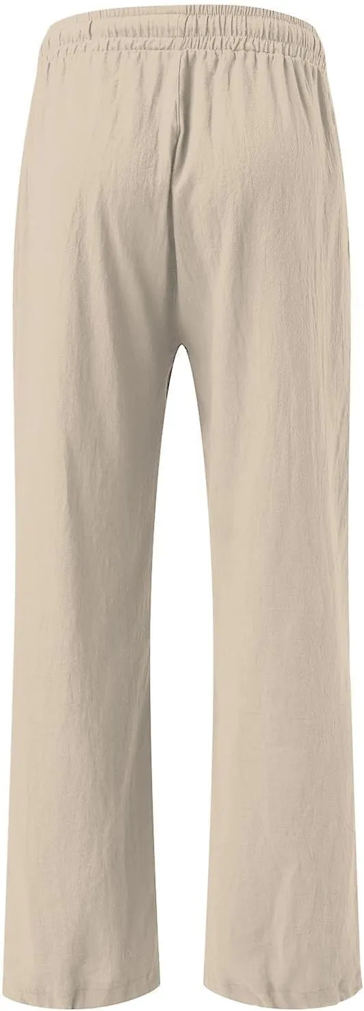 Wide Leg Pants Woman Linen High Waisted Solid Flowy Casual Baggy Drawstring Palazzo Trousers Pants with Pockets