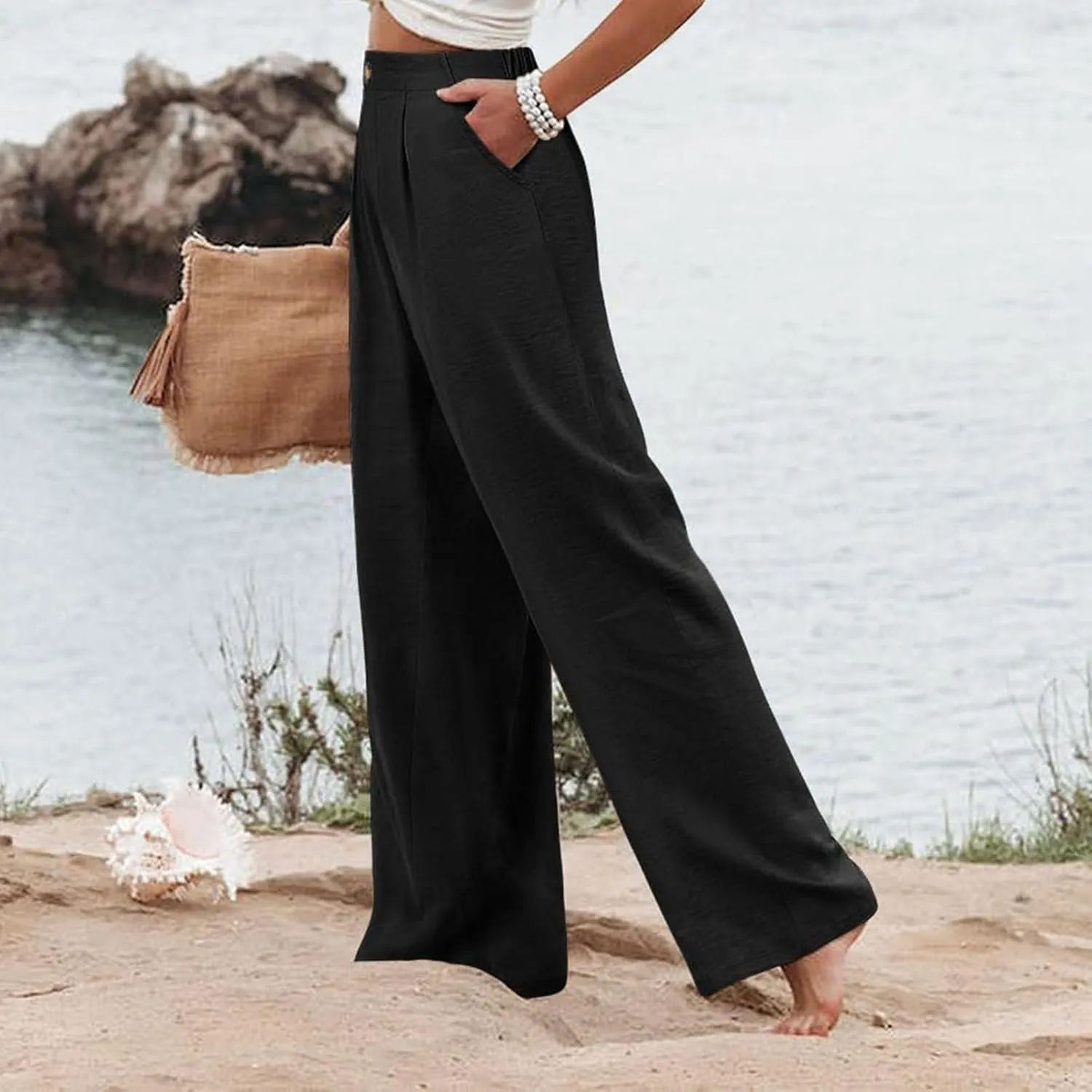 Wide Leg Trousers Pants for Women High Elastic Waisted in The Back Business Work Button Long Casual Pants Palazzo Plus