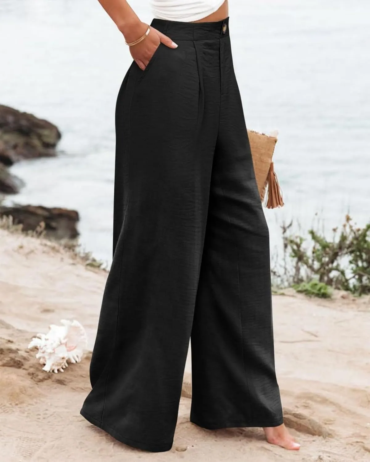 Wide Leg Trousers Pants for Women High Elastic Waisted in The Back Business Work Button Long Casual Pants Palazzo Plus