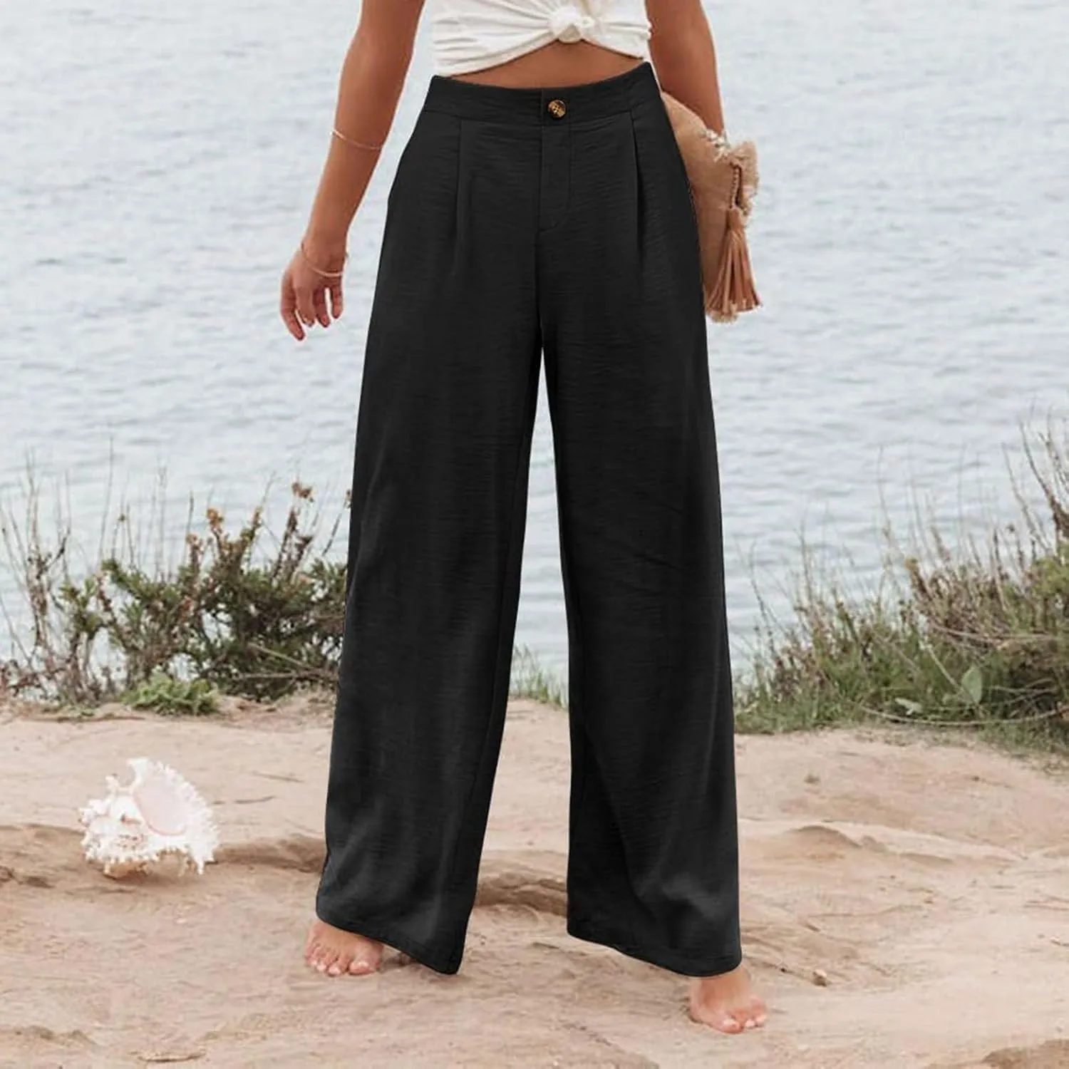 Wide Leg Trousers Pants for Women High Elastic Waisted in The Back Business Work Button Long Casual Pants Palazzo Plus