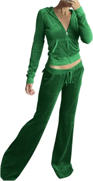 Women 2 Piece Velour Tracksuits Long Sleeve Full Zip Hoodie Cropped Jacket and Sweatpants Velvet Y2K Sweatsuit Set