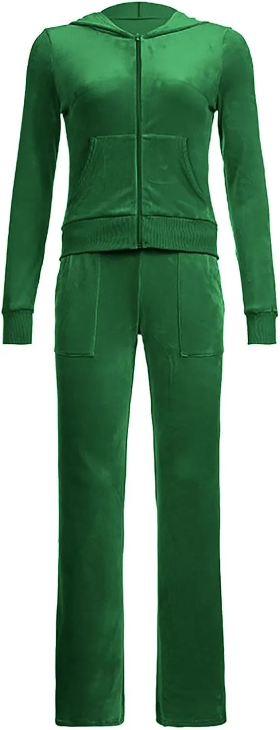 Women 2 Piece Velour Tracksuits Long Sleeve Full Zip Hoodie Cropped Jacket and Sweatpants Velvet Y2K Sweatsuit Set