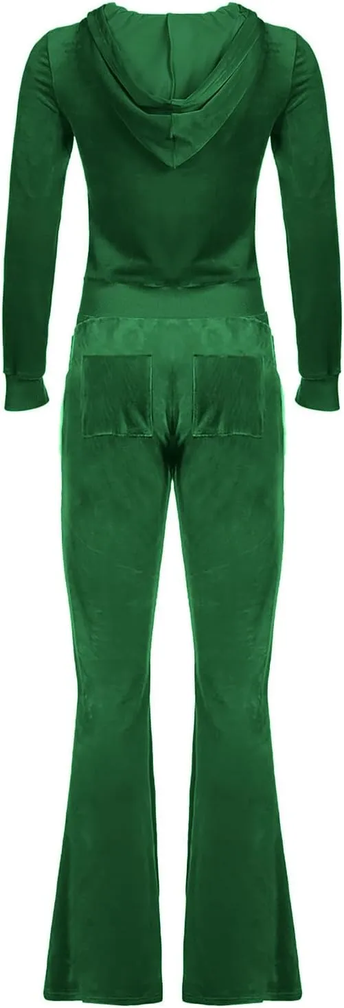 Women 2 Piece Velour Tracksuits Long Sleeve Full Zip Hoodie Cropped Jacket and Sweatpants Velvet Y2K Sweatsuit Set
