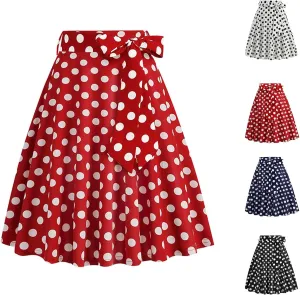 Women 50s Vintage Polka Dot A Line Pleated Midi Skirt Tie Up High Wiast Knee Length Flared Skirt Cocktail Swing Skirts