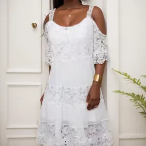 Women Boho Chiffon Cold Shoulder Midi Dress Spaghetti Strap Short Sleeve Lace Casual Flowy Beach Sun Dress
