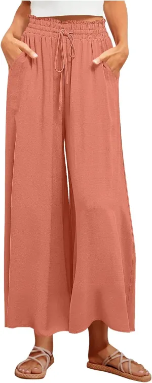 Women Casual High Waist Wide Leg Pants Summer Floral Solid Long Palazzo Pant Lounge Beach Trousers Slacks with Pocket