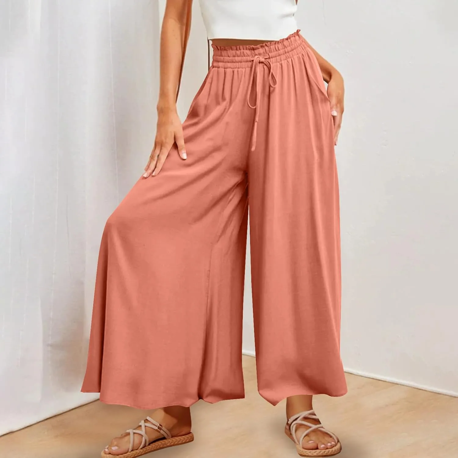 Women Casual High Waist Wide Leg Pants Summer Floral Solid Long Palazzo Pant Lounge Beach Trousers Slacks with Pocket