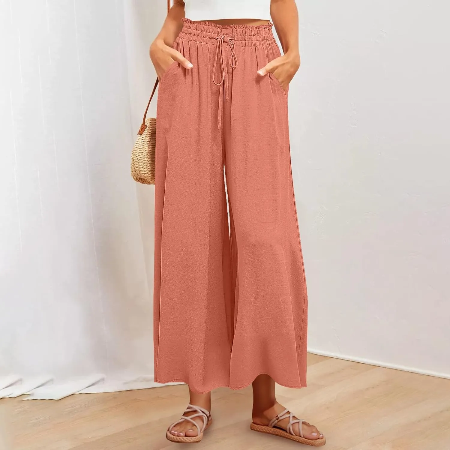 Women Casual High Waist Wide Leg Pants Summer Floral Solid Long Palazzo Pant Lounge Beach Trousers Slacks with Pocket