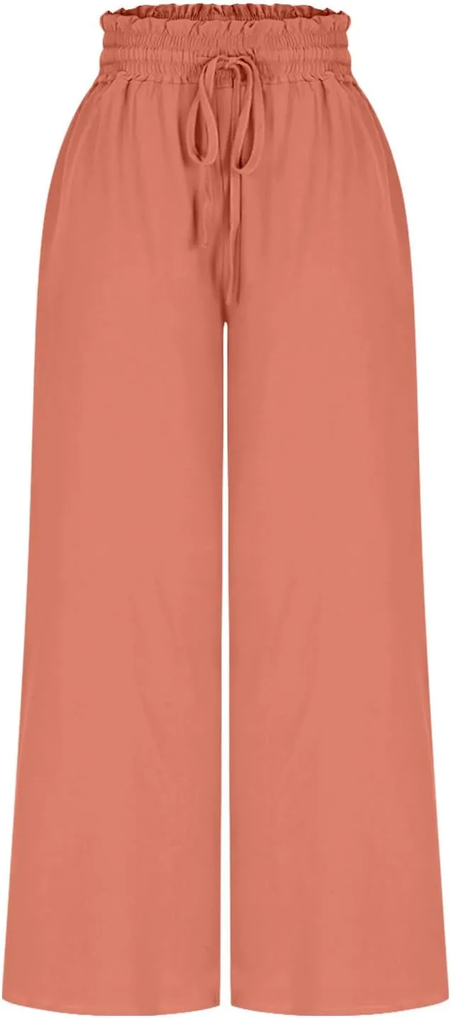 Women Casual High Waist Wide Leg Pants Summer Floral Solid Long Palazzo Pant Lounge Beach Trousers Slacks with Pocket