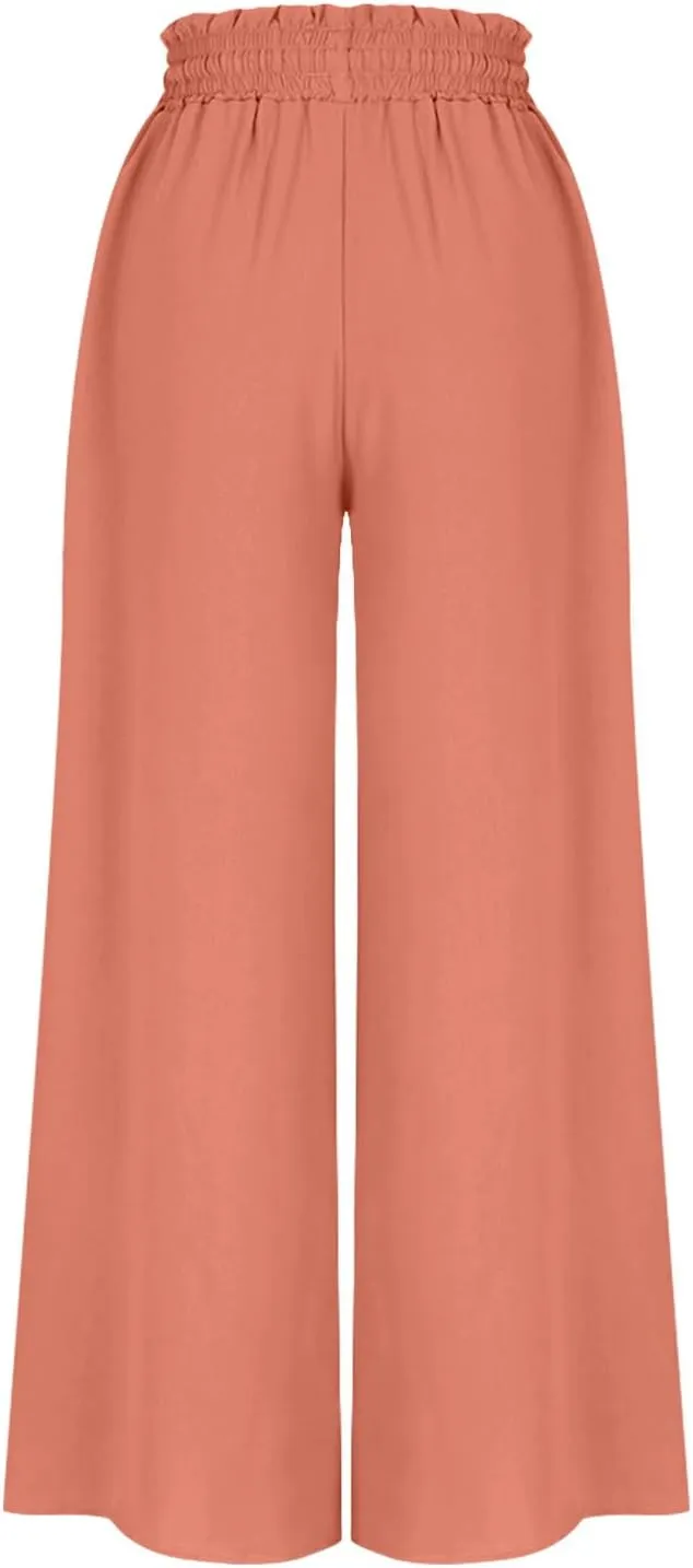 Women Casual High Waist Wide Leg Pants Summer Floral Solid Long Palazzo Pant Lounge Beach Trousers Slacks with Pocket