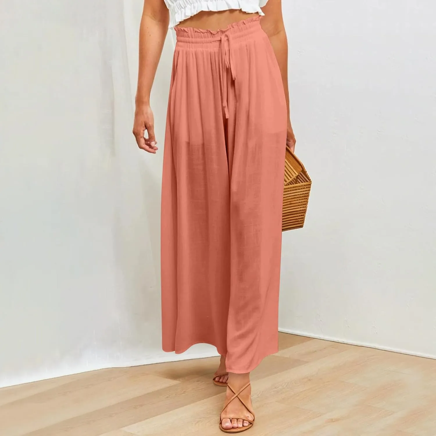 Women Casual High Waist Wide Leg Pants Summer Floral Solid Long Palazzo Pant Lounge Beach Trousers Slacks with Pocket