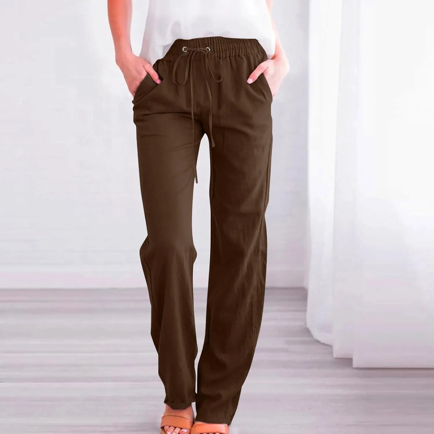 Women Casual Linen Pants Lightweight Drawstring Elastic Waist Spring Summer Beach Slacks Trendy Comfy Trousers Clothes
