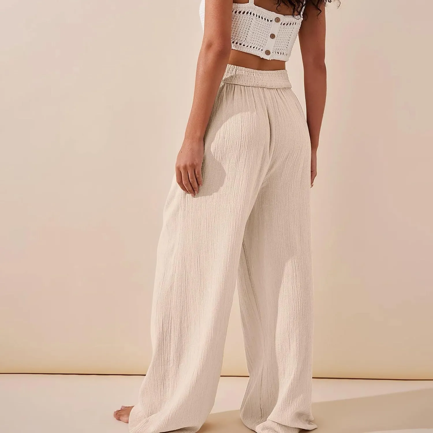 Women Culottes Wide Leg Pants Wide Leg Palazzo Linen Drawstring Cropped Trousers Elastic Waist Casual Pants Pockets