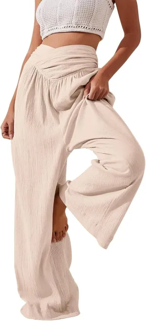 Women Culottes Wide Leg Pants Wide Leg Palazzo Linen Drawstring Cropped Trousers Elastic Waist Casual Pants Pockets