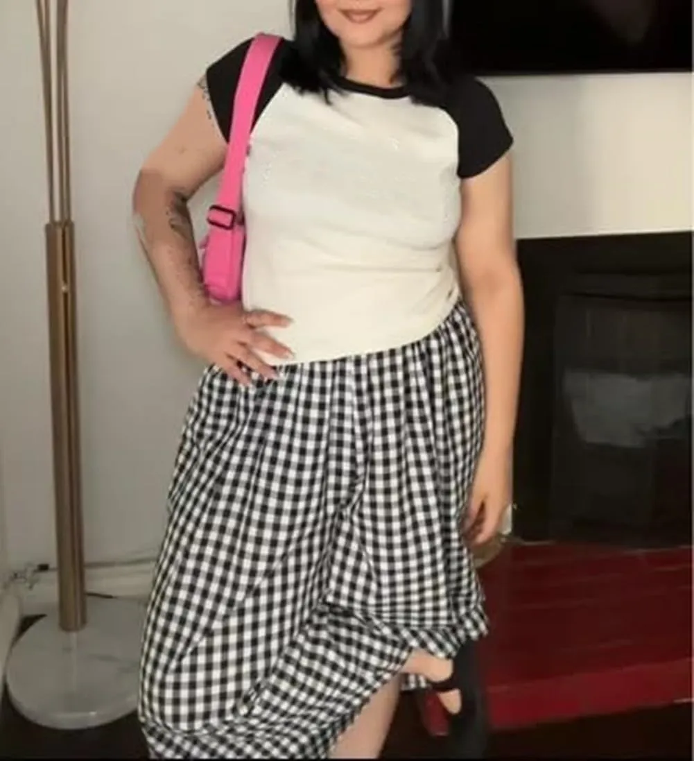 Women Gingham Wide Leg Pants Plaid Capris Palazzo Pants Elastic Waist Cropped Baggy Trousers Flowy Culottes Pants