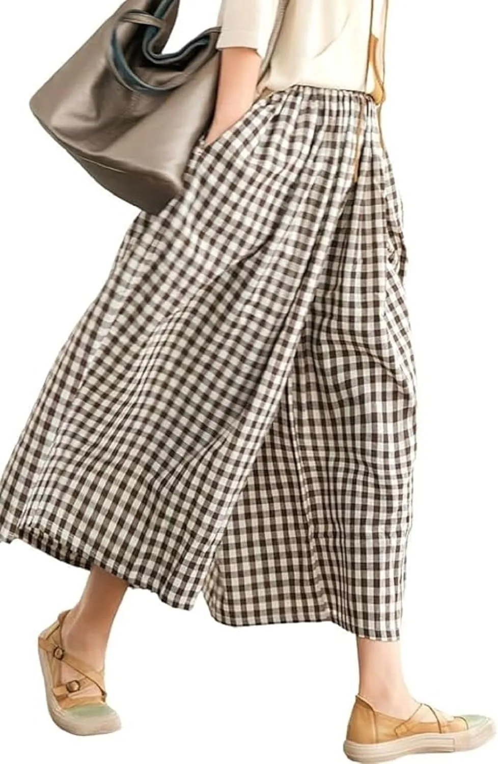 Women Gingham Wide Leg Pants Plaid Capris Palazzo Pants Elastic Waist Cropped Baggy Trousers Flowy Culottes Pants