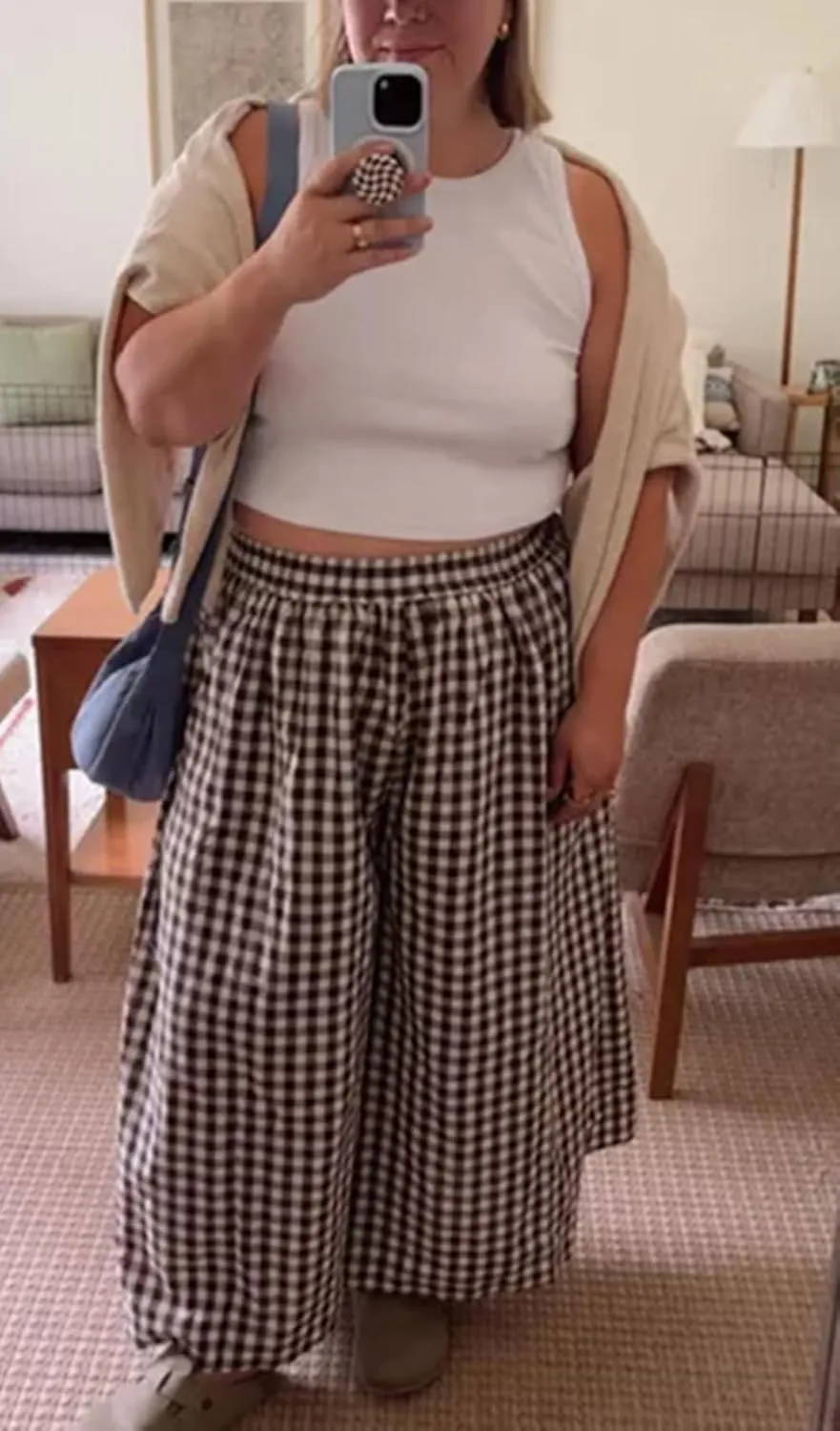 Women Gingham Wide Leg Pants Plaid Capris Palazzo Pants Elastic Waist Cropped Baggy Trousers Flowy Culottes Pants
