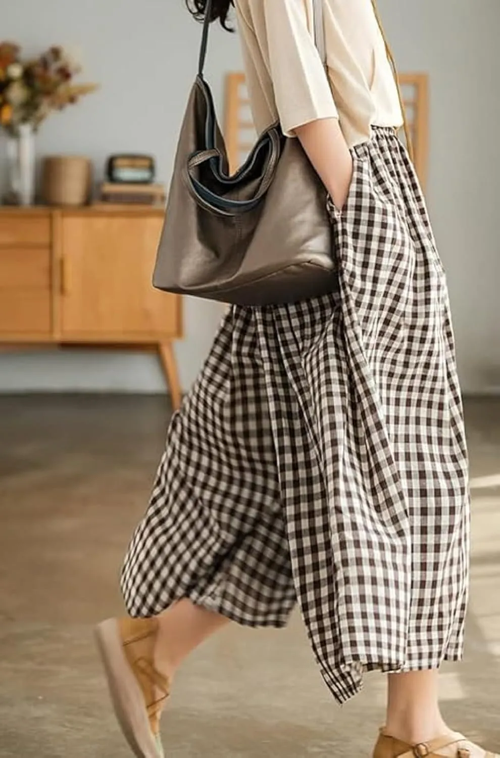 Women Gingham Wide Leg Pants Plaid Capris Palazzo Pants Elastic Waist Cropped Baggy Trousers Flowy Culottes Pants