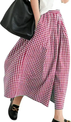 Women Gingham Wide Leg Pants Plaid Capris Palazzo Pants Elastic Waist Cropped Baggy Trousers Flowy Culottes Pants