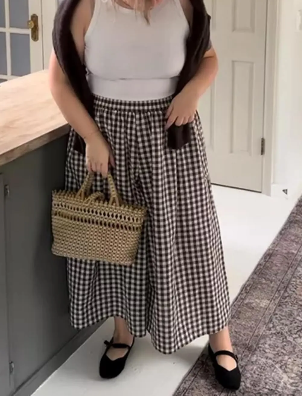 Women Gingham Wide Leg Pants Plaid Capris Palazzo Pants Elastic Waist Cropped Baggy Trousers Flowy Culottes Pants