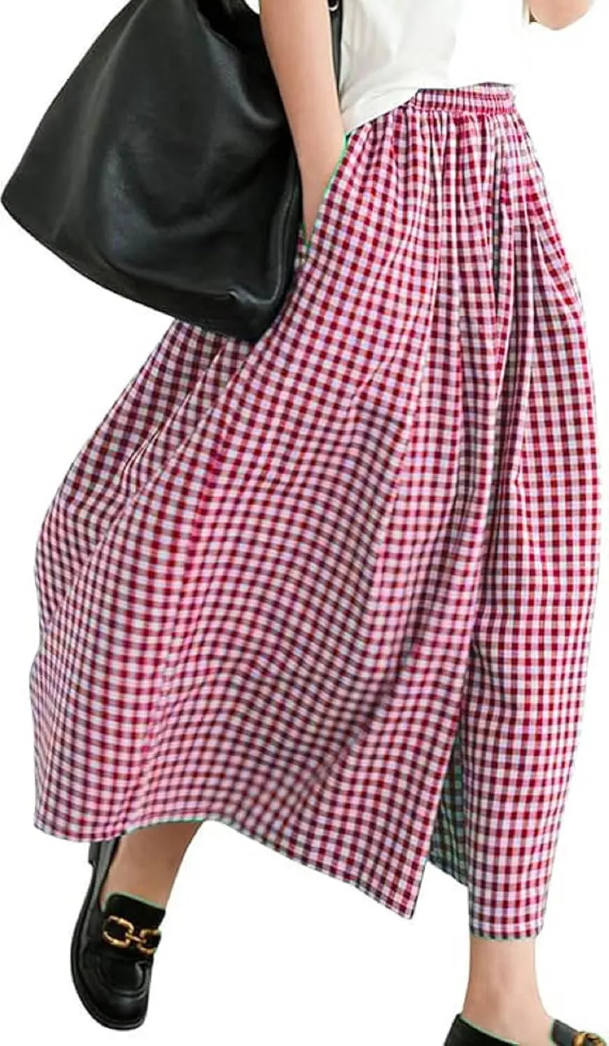 Women Gingham Wide Leg Pants Plaid Capris Palazzo Pants Elastic Waist Cropped Baggy Trousers Flowy Culottes Pants