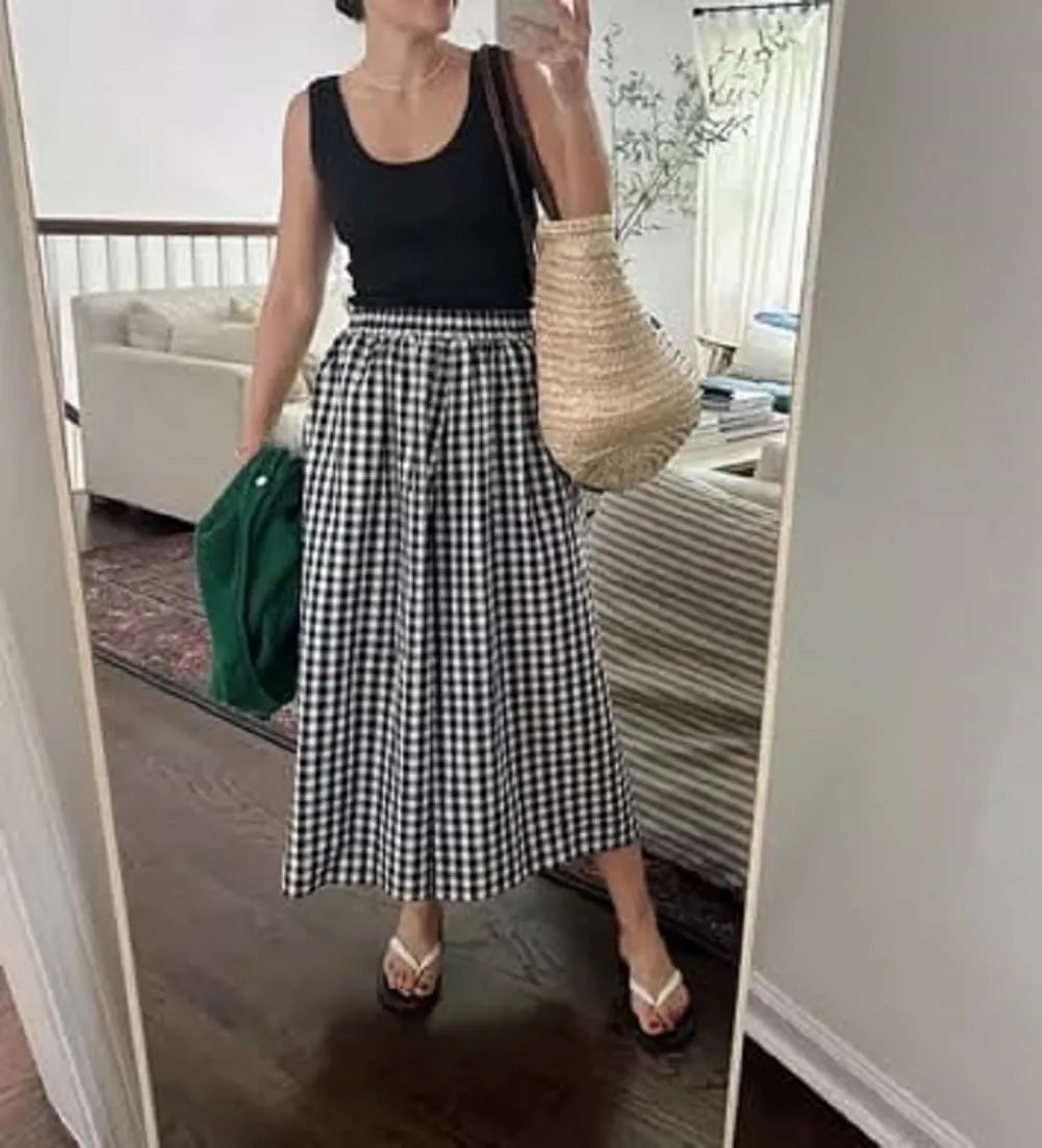 Women Gingham Wide Leg Pants Plaid Capris Palazzo Pants Elastic Waist Cropped Baggy Trousers Flowy Culottes Pants