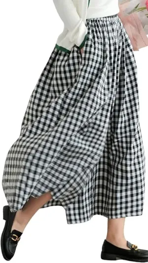 Women Gingham Wide Leg Pants Plaid Capris Palazzo Pants Elastic Waist Cropped Baggy Trousers Flowy Culottes Pants