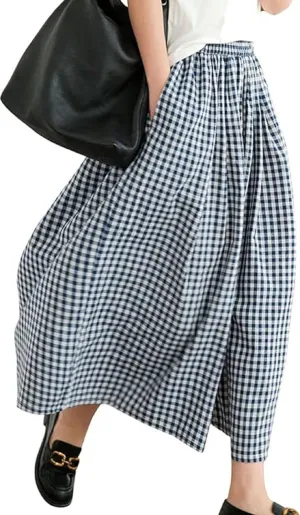 Women Gingham Wide Leg Pants Plaid Capris Palazzo Pants Elastic Waist Cropped Baggy Trousers Flowy Culottes Pants