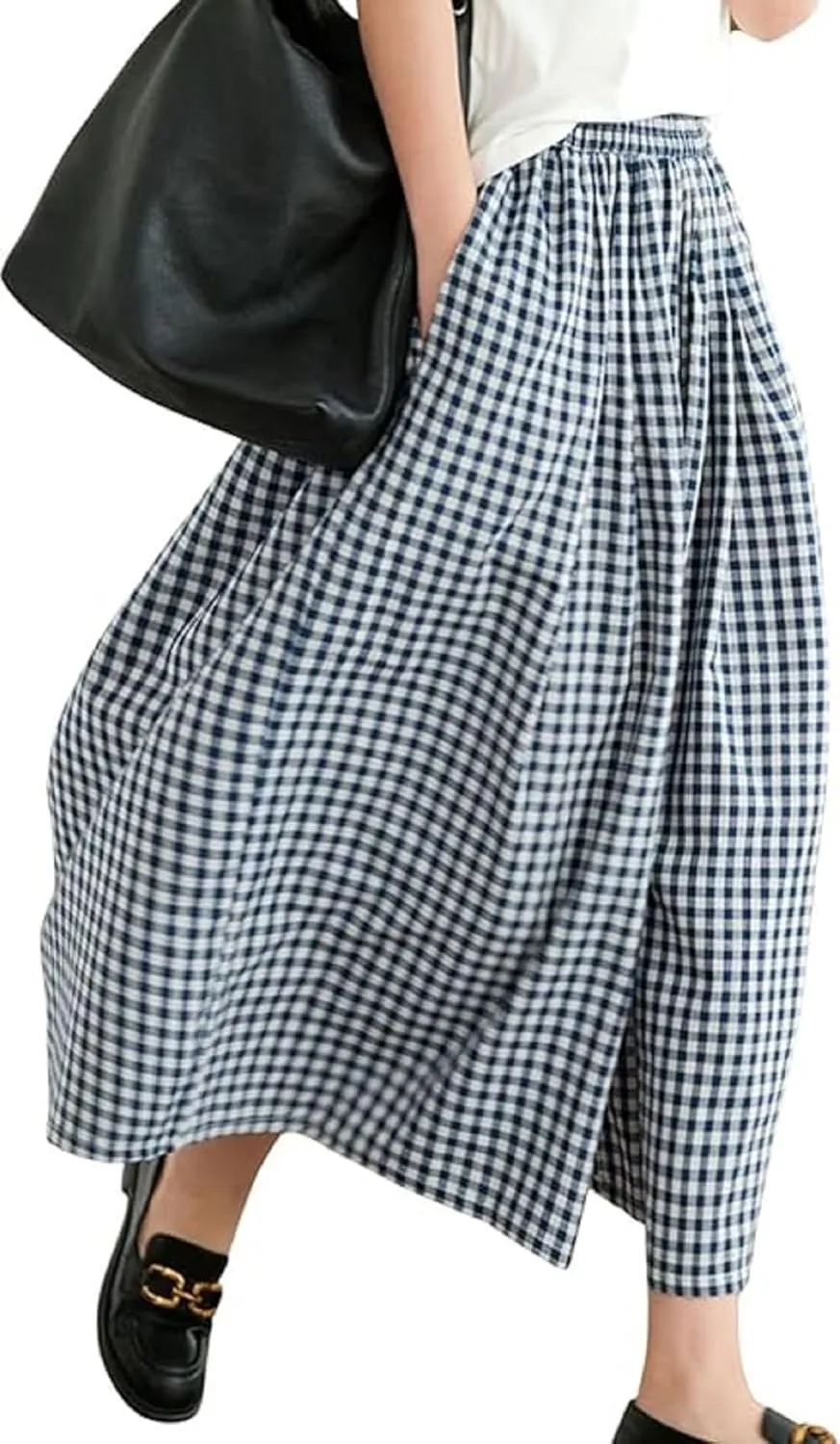 Women Gingham Wide Leg Pants Plaid Capris Palazzo Pants Elastic Waist Cropped Baggy Trousers Flowy Culottes Pants