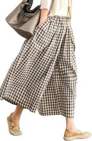 Women Gingham Wide Leg Pants Plaid Capris Palazzo Pants Elastic Waist Cropped Baggy Trousers Flowy Culottes Pants