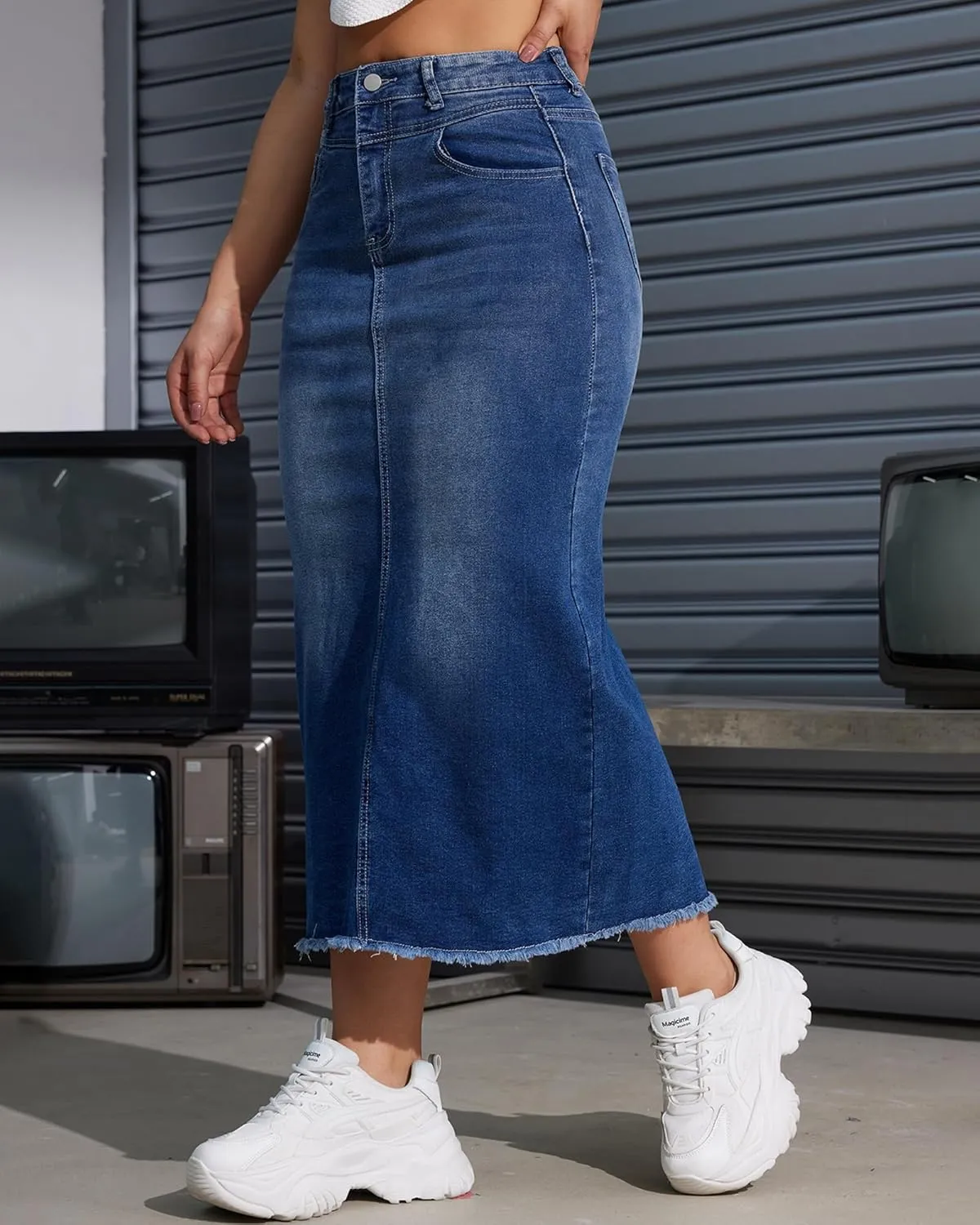 Women High Waist Midi Denim Skirt with Back Slit Casual A-Line Long Jean Skirts with Pockets Ladies