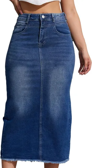 Women High Waist Midi Denim Skirt with Back Slit Casual A-Line Long Jean Skirts with Pockets Ladies