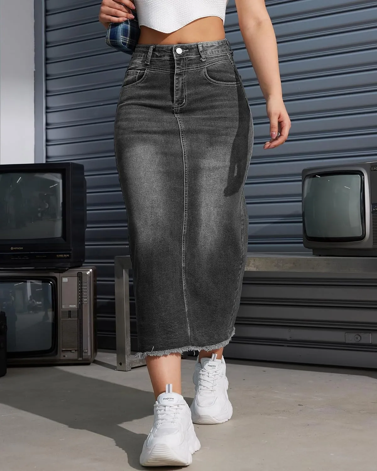 Women High Waist Midi Denim Skirt with Back Slit Casual A-Line Long Jean Skirts with Pockets Ladies