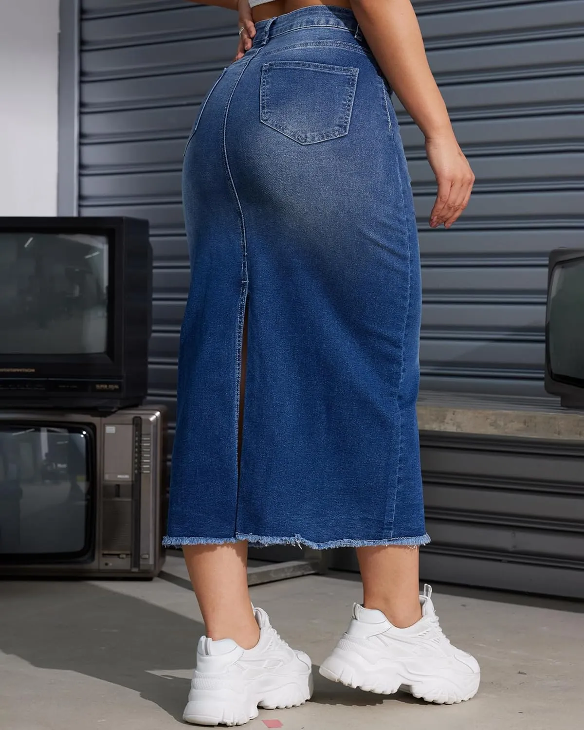 Women High Waist Midi Denim Skirt with Back Slit Casual A-Line Long Jean Skirts with Pockets Ladies