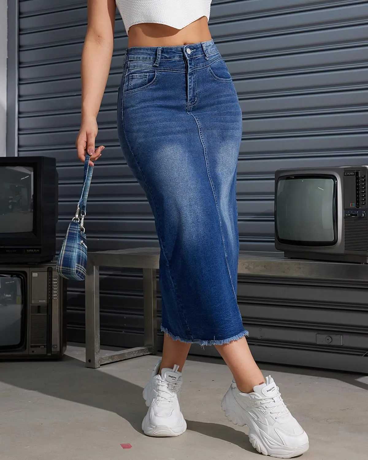 Women High Waist Midi Denim Skirt with Back Slit Casual A-Line Long Jean Skirts with Pockets Ladies