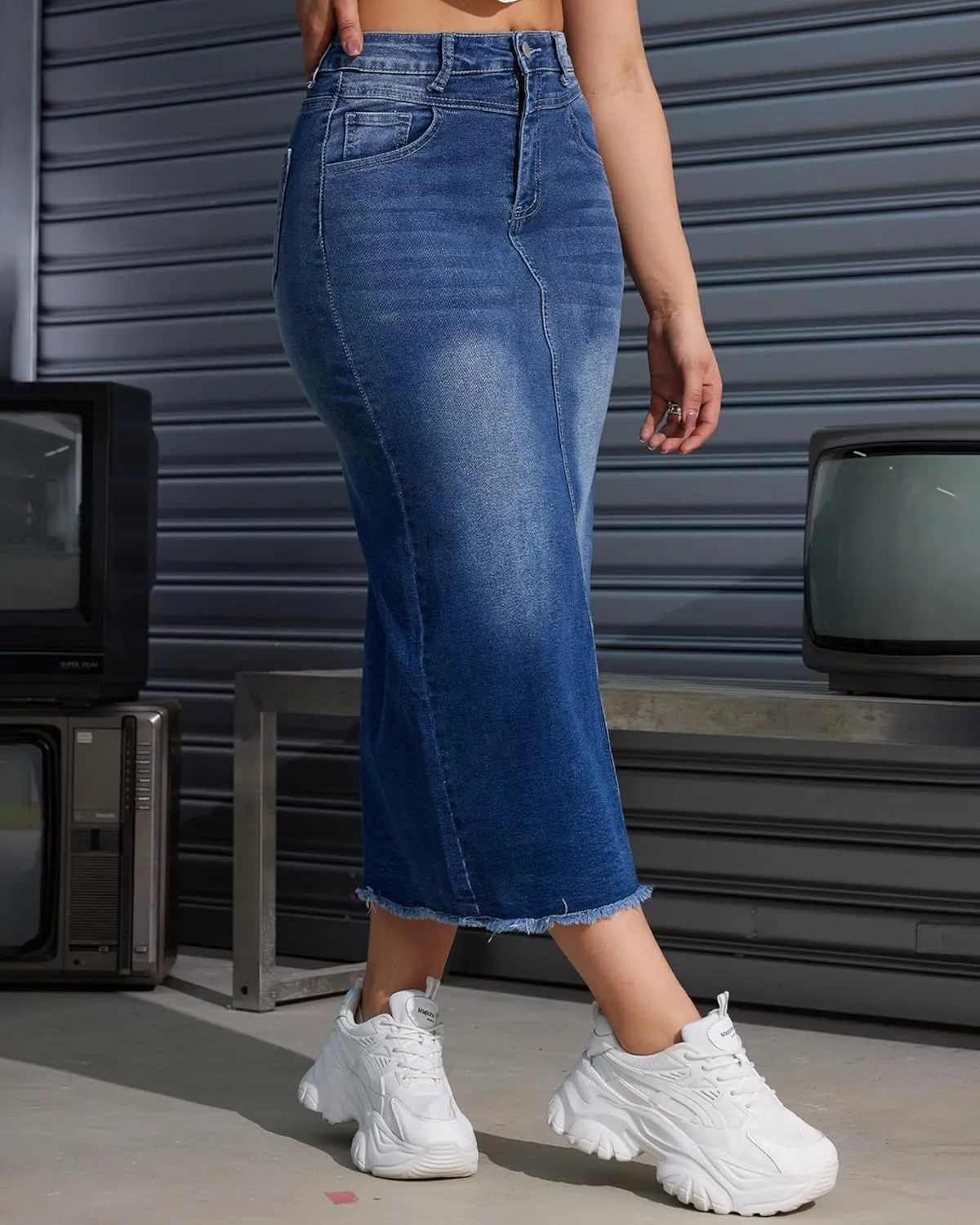 Women High Waist Midi Denim Skirt with Back Slit Casual A-Line Long Jean Skirts with Pockets Ladies
