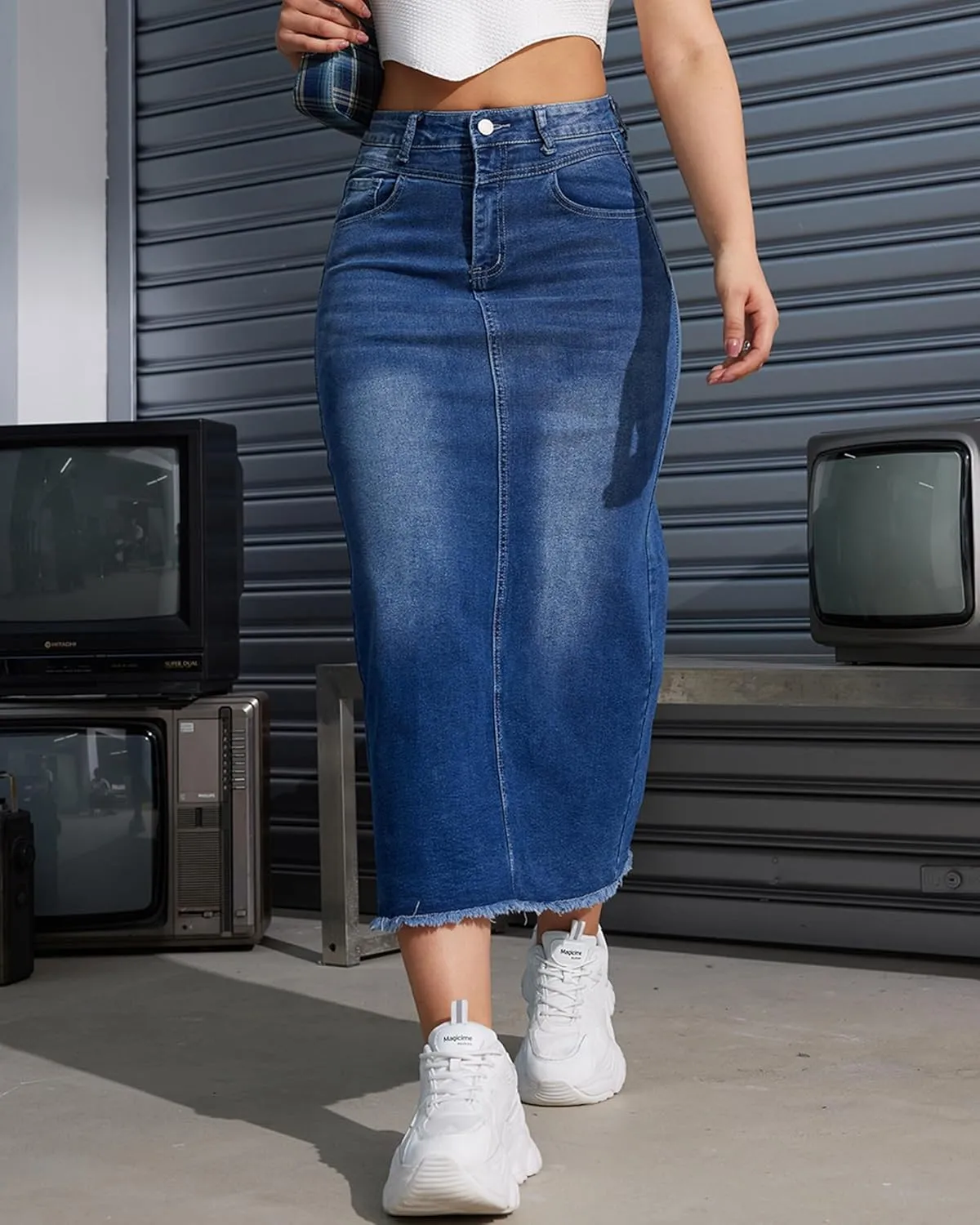 Women High Waist Midi Denim Skirt with Back Slit Casual A-Line Long Jean Skirts with Pockets Ladies