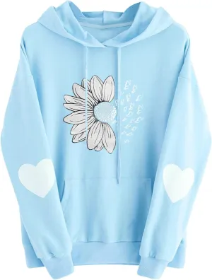 Women Hoodies Daisy Graphic Long Sleeve Pullover Drawstring Tops 2024 Fall Loose Floral Print Sweatshirt with Pockets